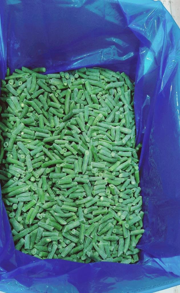 A large blue bag inside an insulated box, filled with IQF frozen green beans.