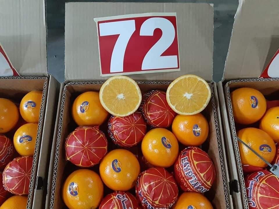 Perfectly sized oranges packed in a box with a size 72 label, one cut open to show its juicy interior.